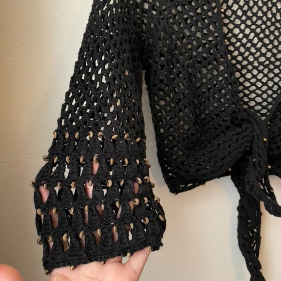 Hearts of Palm Top L Black Crochet Tie Front 3/4 Sleeves Beach Cover Up - Picture 5 of 8